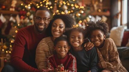 Happy African American family poses in front of a Christmas tree.
