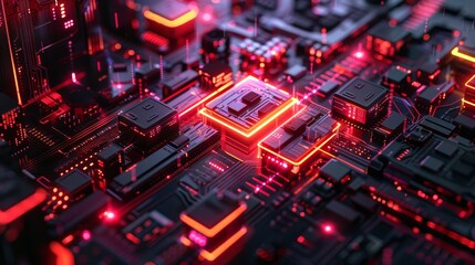 Obraz premium Abstract futuristic cityscape with glowing neon lights and intricate details.