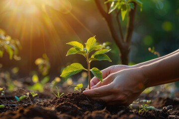 Woman's hands planting a young sapling in soil against a warm sunset glow