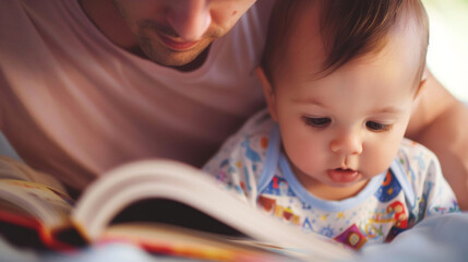 Close-up of an adult reading a bedtime story to a child with an open book