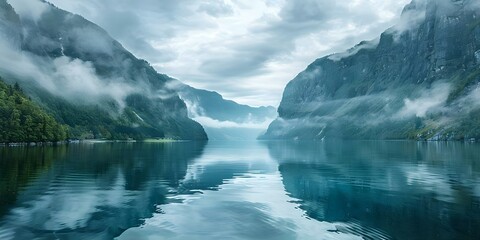 Fototapeta premium Scandinavian Fjord Watercolor Painting of Cliffs and Crystal-Clear Waters. Concept Watercolor Painting, Scandinavian Landscape, Fjord Cliffs, Crystal-Clear Waters, Nature Art