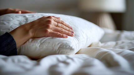 Close-up of hands fluffing up a pillow before sleep