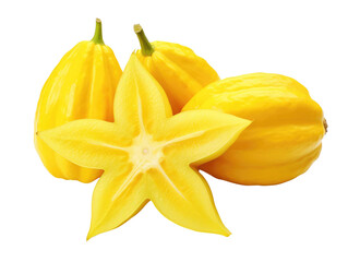 A close-up of two whole star fruits and one sliced star fruit. The star fruit is yellow and has a shiny skin.