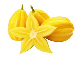 A close-up of two whole star fruits and one sliced star fruit. The star fruit is yellow and has a shiny skin.