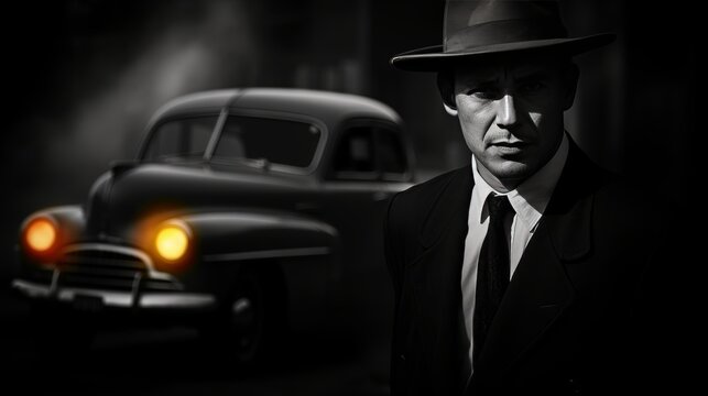 1930s italian gangsters by classic car in chicago city   contemporary art collage