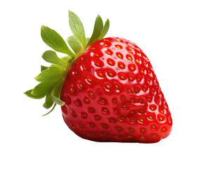 A single, ripe strawberry with green leaves, isolated on a white background. The strawberry is red and glossy, with a few small white seeds.