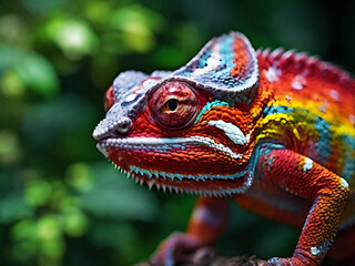 Fototapeta premium Macro Photography of a Brightly Coloured Chameleon – Exotic Reptile in Tropical Light