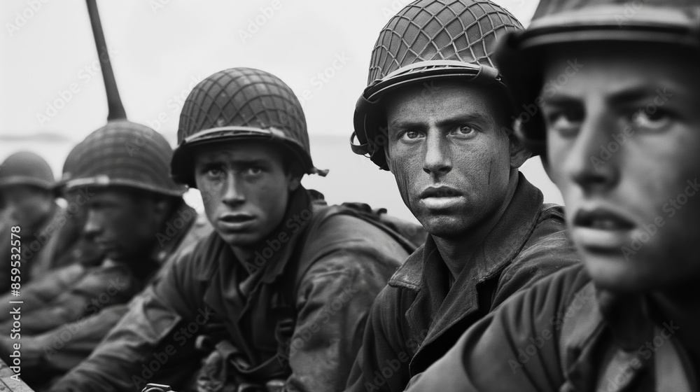 Wall mural Close up tired and dirty soldiers with sad doomed look of D-day in the boat looking at camera