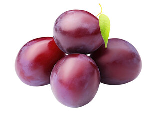 Obraz premium Four ripe plums with a single leaf, arranged in a pyramid shape.