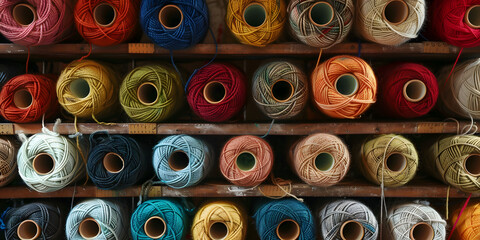 Colorful rolls of sewing thread in a box