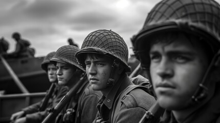 Fototapeta premium Close up tired and dirty soldiers with sad doomed look of D-day in the boat looking at camera