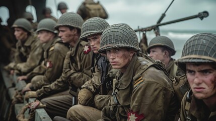 Close up tired and dirty soldiers with sad doomed look of D-day in the boat looking at camera
