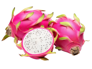 Two whole dragon fruits and one halved dragon fruit with white flesh and white seeds.