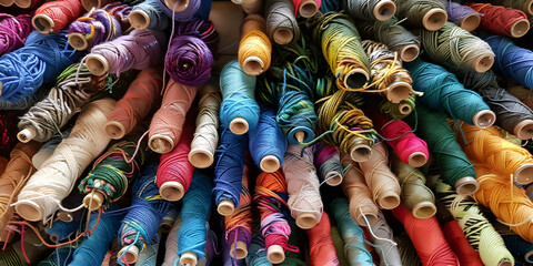 Colorful rolls of sewing thread in a box