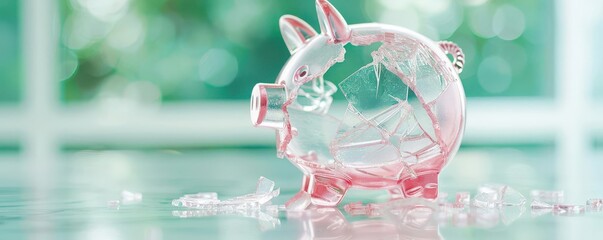 Broken glass piggy bank symbolizing financial trouble, savings loss, or economic crisis with blurred green background.