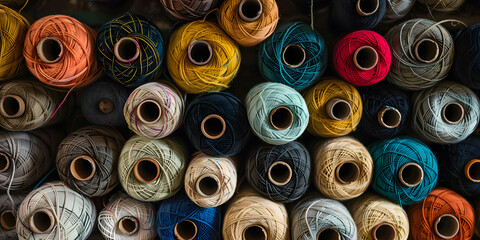 Colorful rolls of sewing thread in a box