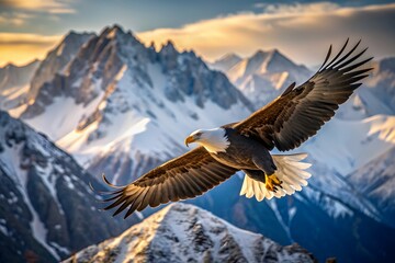 Fototapeta premium Soaring High Above The Majestic Mountains, The Bald Eagle Is A Symbol Of Freedom And Strength.