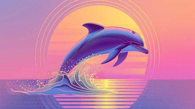 Synthwave dolphin jumping out of ocean with sunset gradient motif. synthwave dolphin. Illustrations