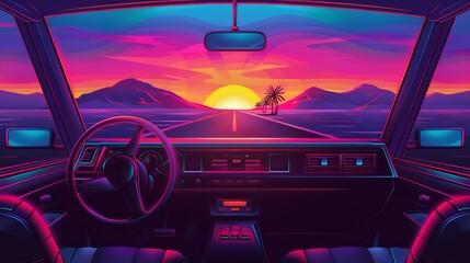 An 80s retro illustration of a car driving with a sunset view, exuding synthwave 80s vibes. synthwave drive. Illustrations