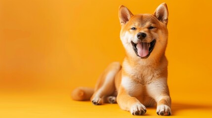 happy smiling red shiba inu dog on yellow ai generated