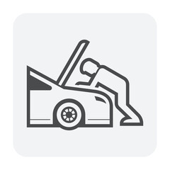 Auto car check vector icon. Include mechanic man, repairman or technician to open bonnet hood to work, looking for check up diagnose or inspection engine. Also service, fixing, repair or maintenance.
