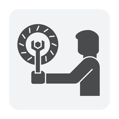 Disk brake, mechanics or technician vector icon. Stop system or safty equipment with steel metal disc. To check, fix, repair, service or maintenance for auto car, automotive vehicle by wrench, spanner