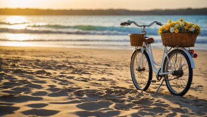 Fototapeta premium Beautiful retro bicycle with a basket of flowers at the sea