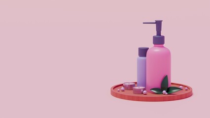 Background for presentation of body and skin care products on a wooden tray with pearls and flowers. Cosmetic products on a podium on a peach background.
