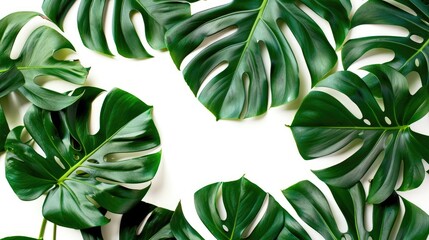 Green Monstera Leaves on White Background Summer Concept