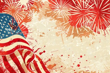 Obraz premium Illustrated banner with an American flag and fireworks for Patriot Day.