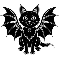 A black cat sitting with with short vampire wings