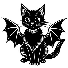 A black cat sitting with with short vampire wings