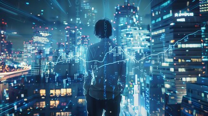 A person stands in a futuristic cityscape with digital data and graphs overlaying skyscrapers at night, symbolizing technology and data analytics.
