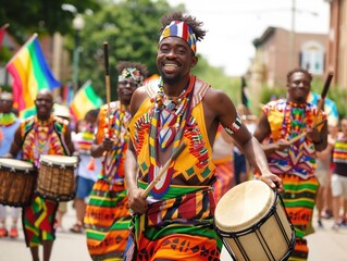 A Juneteenth parade marching down a lively street, with participants wearing traditional African attire, waving flags, and playing drums
