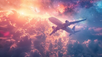 Fototapeta premium Airplane Flying Through Vibrant Sunset Sky with Colorful Clouds and Starry Background