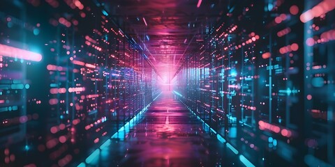 Obraz premium Neon-Lit Futuristic Abstract Background with Data Transfer Elements. Concept Futuristic, Neon-Lit, Abstract Background, Data Transfer Elements