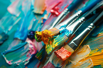 Close-up of a brush laying on a canvas of abstract art for a beautiful painting. Artistic paintbrushes and palette knifes on an old wooden palette