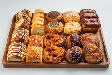 Delicious assorted pastry and bread arranged on tray selling at bakery shop, fresh sweet pastry and baked bread in a bakery