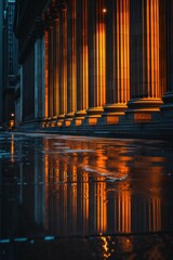 Obraz premium Majestic Columns Illuminated at Night with Reflective Wet Pavement in Urban Setting