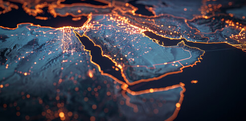 Digital map of the Middle East and North Africa with glowing connections between cities on dark background