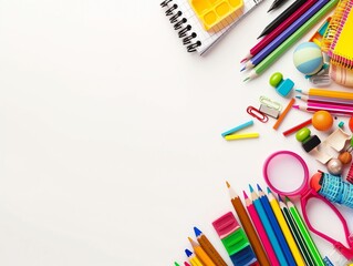 Fototapeta premium School supplies create a colorful right-hand border on a white background. Back to school concept. 