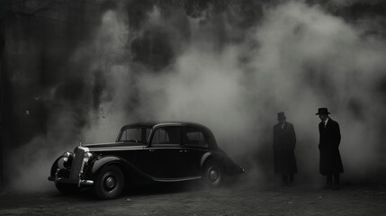 1930s italian mobsters near classic car in chicago city   contemporary art collage