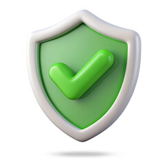 3d rendered illustration of a shield icon with a green checkmark isolated on a white background. The concept is reliable data protection on the Internet, successful data verification