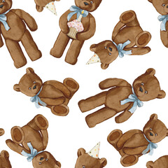 teddy bear watercolor style seamless pattern