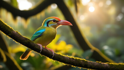 Fototapeta premium A Selective focus shot of a cute redbilled leiothrix bird perched on a tree