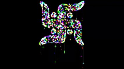 Swastik symbol with colorful glitter particles on plain black background