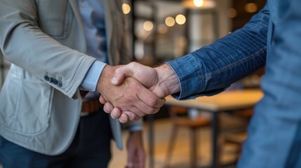 Two business people shaking hands over a table in a restaurant.