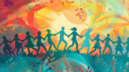 An illustration of children of different races holding hands in a circle dancing happily with a glowing sun in the background.