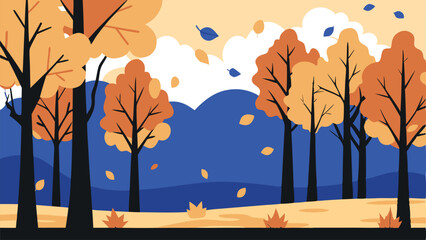 A beautiful autumn scene with trees and leaves falling