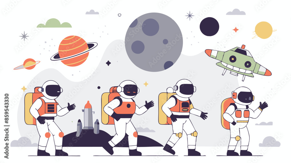 Wall mural a group of astronauts are walking on a planet with a rocket in the background